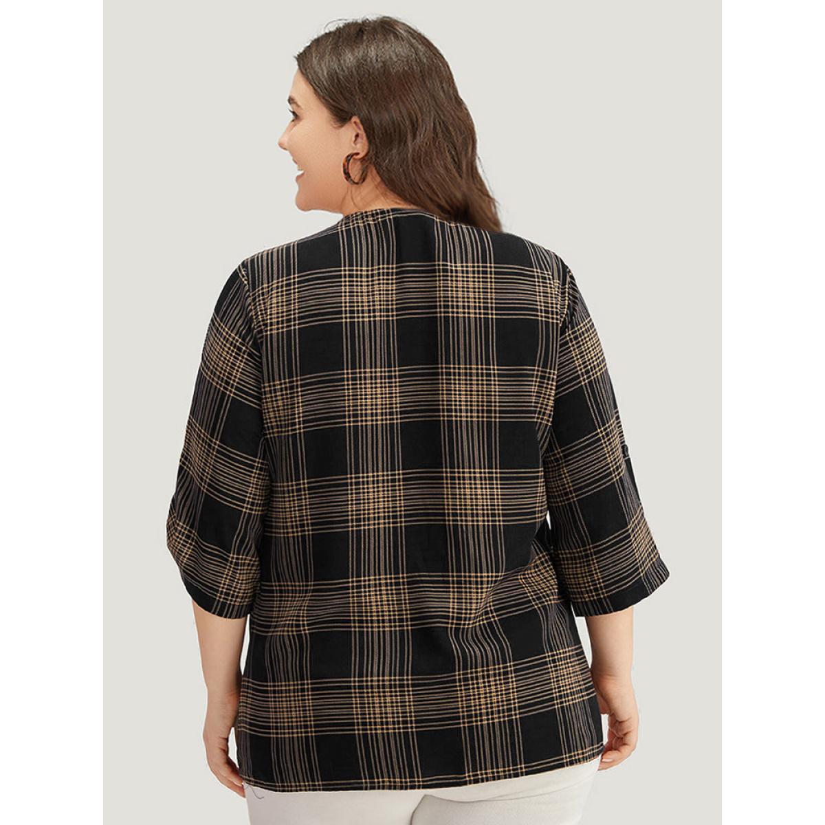 Plus Size Indigo Plaid Button Through Roll Tab Sleeve Blouse Women Office Half Sleeve V-neck Work Blouses BloomChic 26/4X Product Image