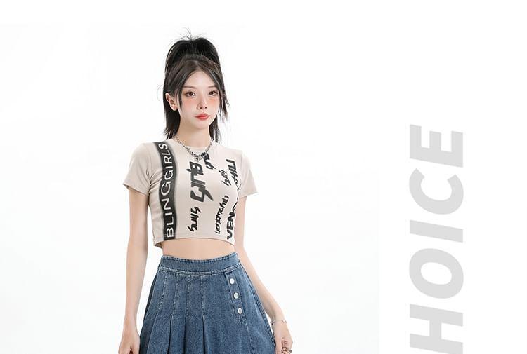 High Waist Washed Pleated Midi A-Line Denim Skirt Product Image