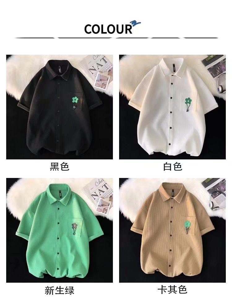 Elbow-Sleeve Floral Applique Waffle Button-Up Shirt Product Image