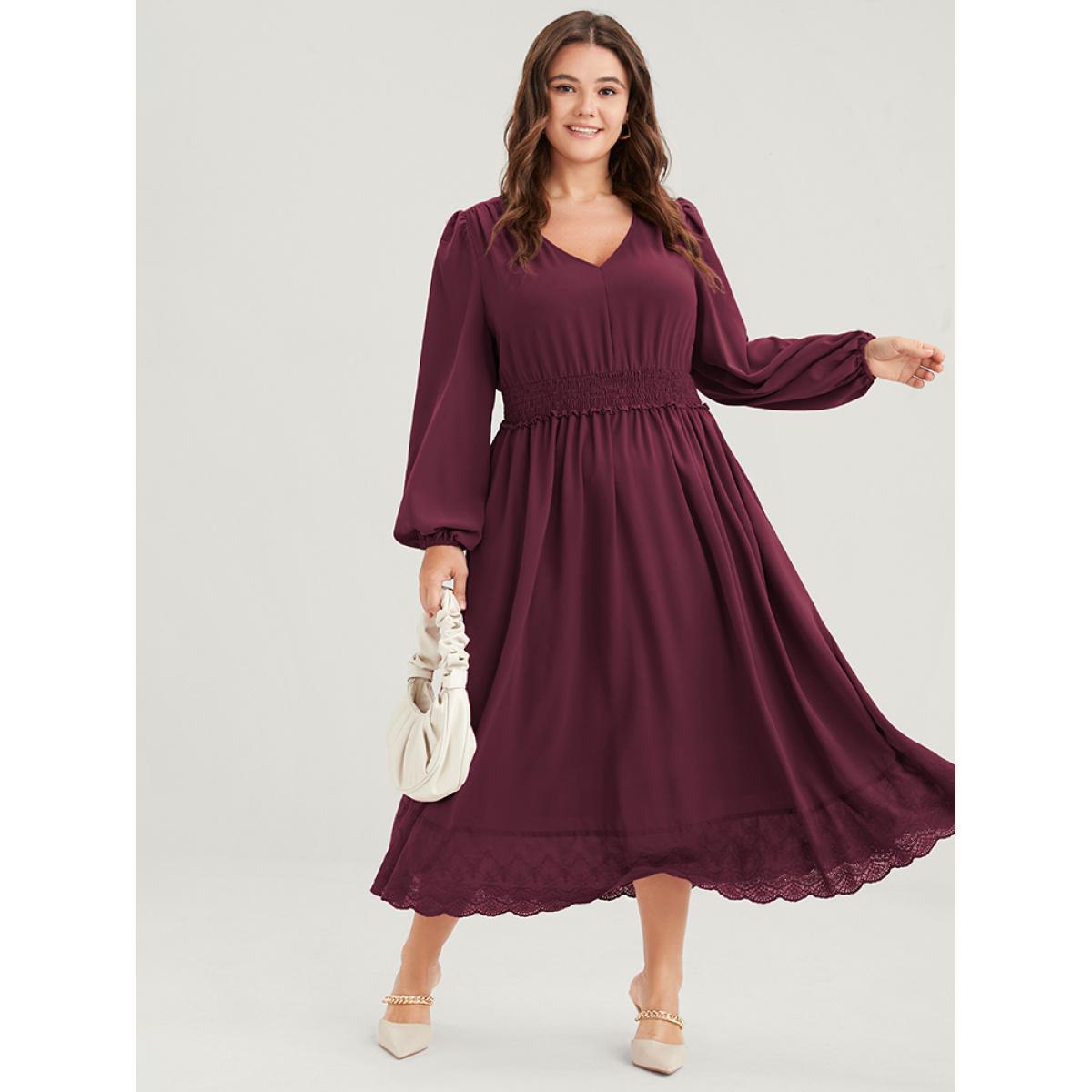Plus Size Solid Pocket Lantern Sleeve Patchwork Ruffled Shirred Dress DarkGreen Women Elegant Plain V-neck Long Sleeve Curvy Midi Dress BloomChic 26/4X Product Image