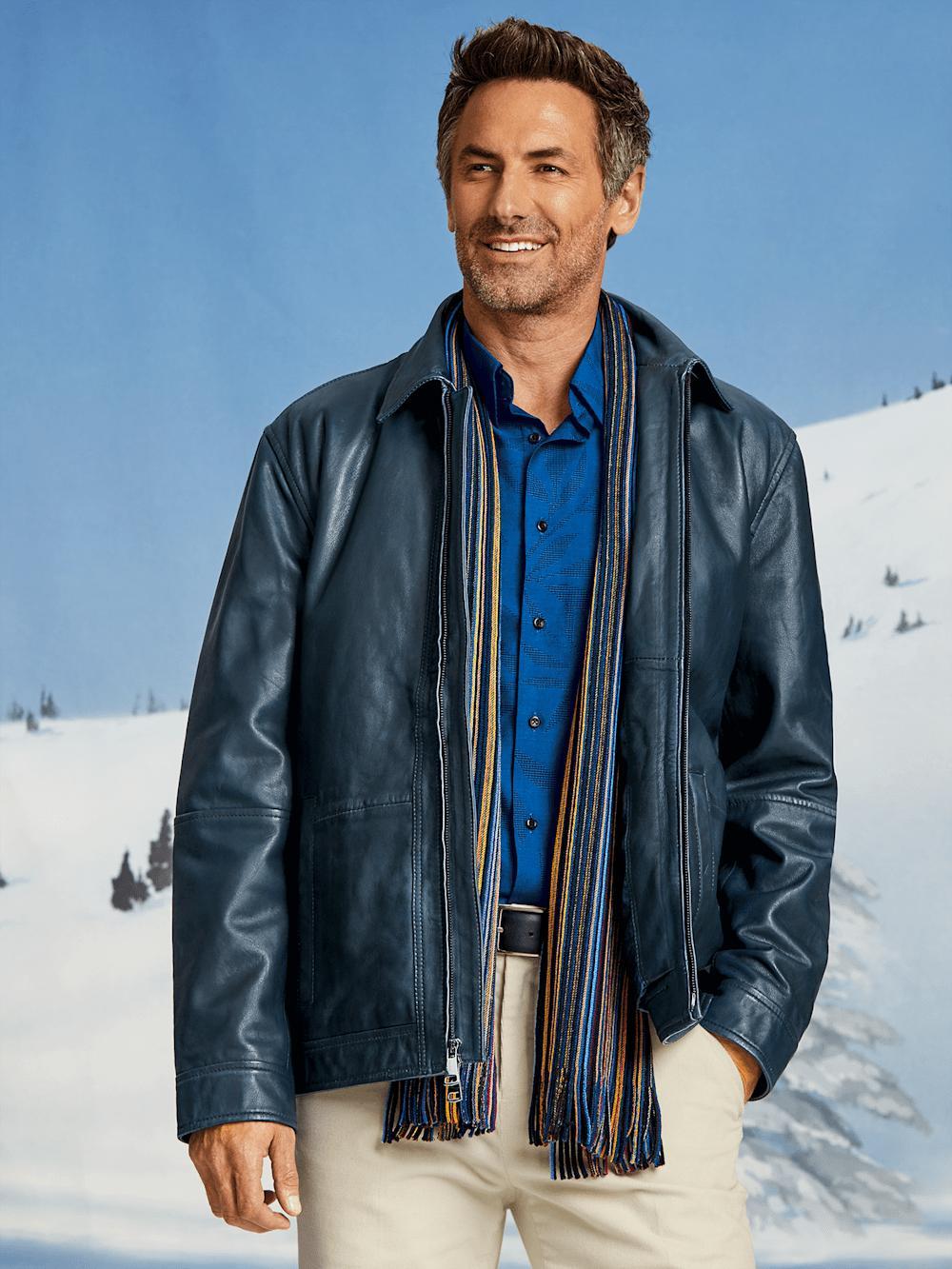 Leather Bomber Jacket - Navy Product Image