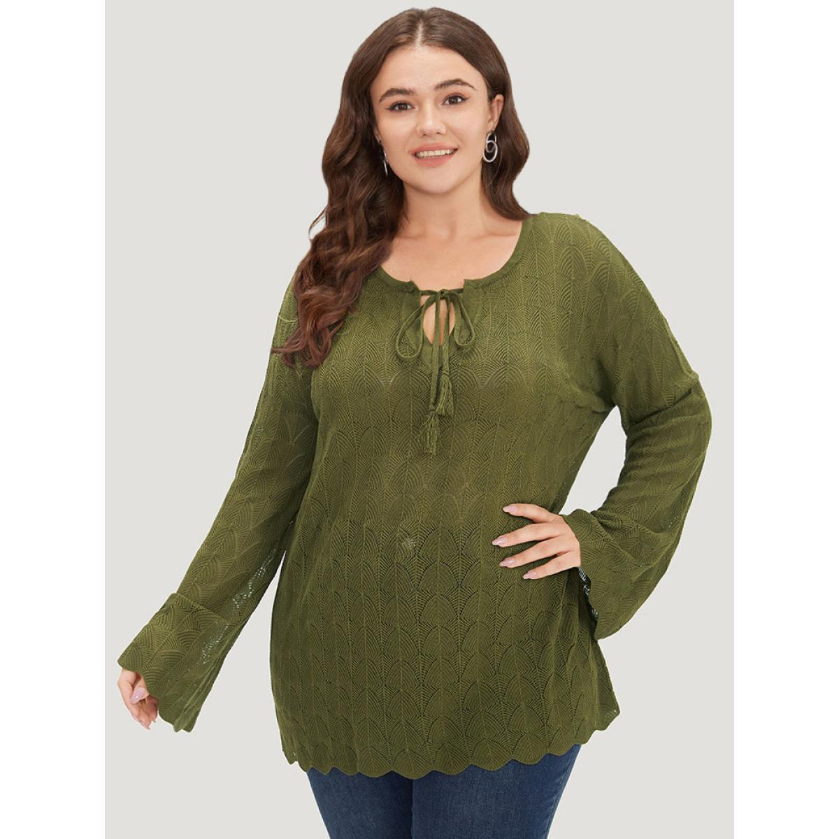 Plus Size Solid Ties Bell Sleeve Scalloped Trim Breathable Pullover Moss Women Casual Loose Long Sleeve V-neck Dailywear Pullovers BloomChic 26/4X Product Image