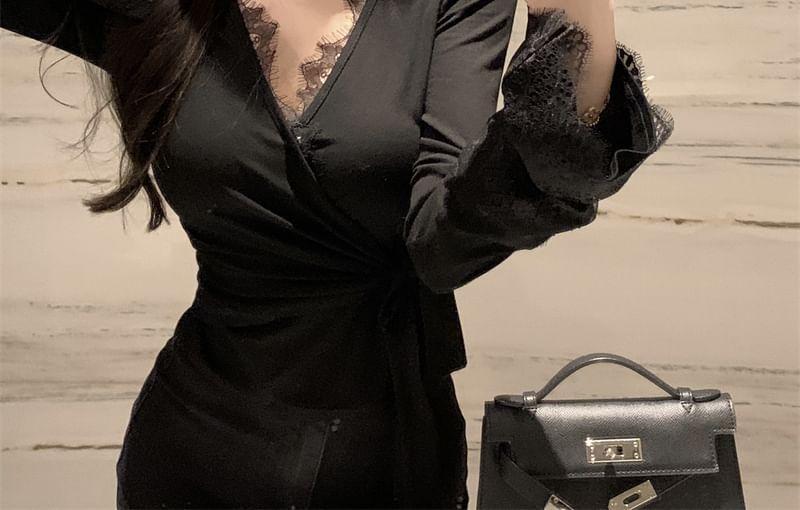 Long-Sleeve V-Neck Plain Lace Trim Tie Front Slim Fit Tee Product Image