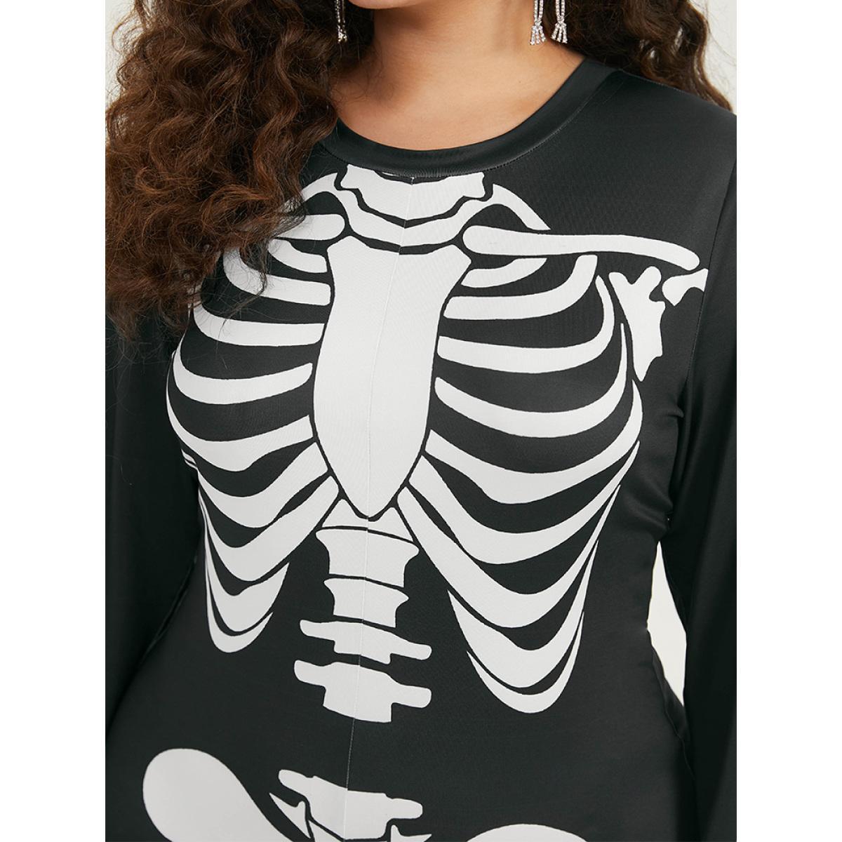 Plus Size Black Halloween Skull Print Skinny Crew Neck Jumpsuit Women Casual Long Sleeve Round Neck Festival-Halloween Loose Jumpsuits BloomChic 14-16/1X Product Image