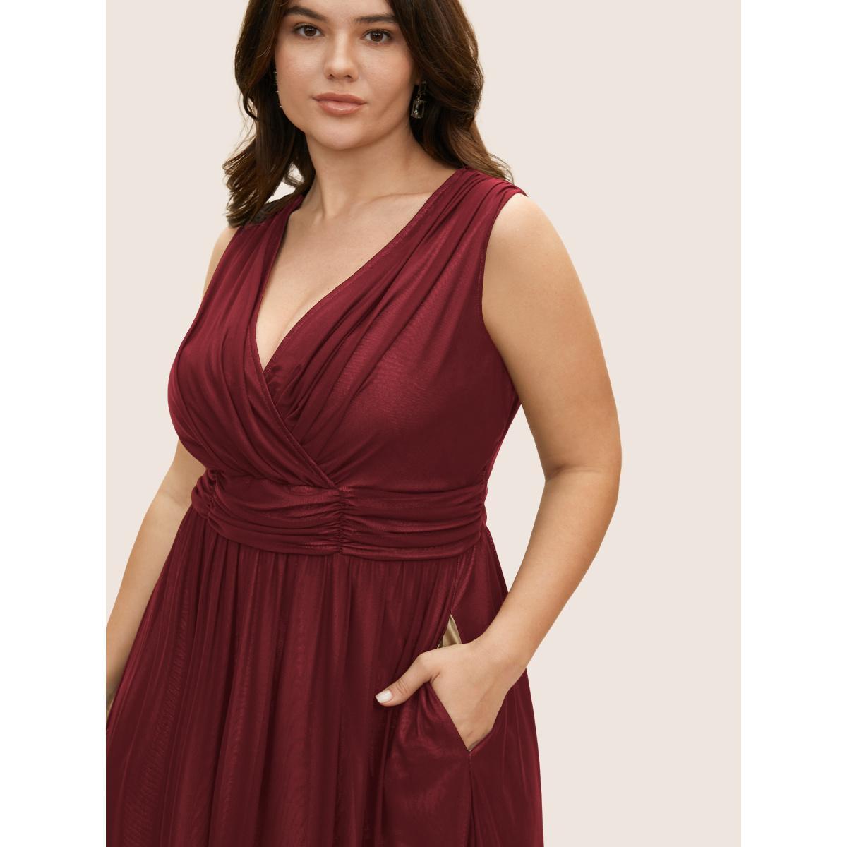 Plus Size Solid Mesh Ruched Midi Tank Dress Burgundy Women Cocktail V-neck Sleeveless Curvy BloomChic 12/L Product Image