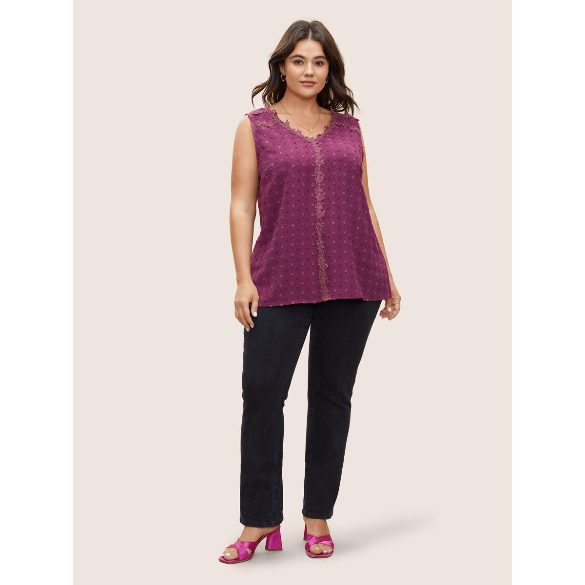 Plus Size Solid V Neck Lace Panel Textured Tank Top Women Purple Elegant Texture Work Tank Tops Camis BloomChic 12/L Product Image