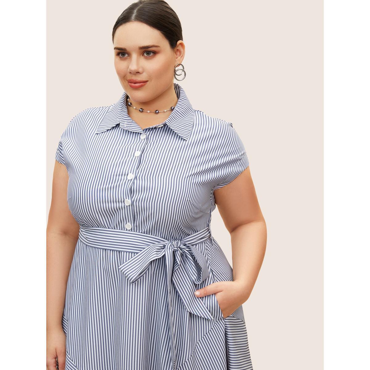 Plus Size Shirt Collar Striped Cap Sleeve Dress SlateGray Women At the Office Belted Shirt collar Sleeveless Curvy BloomChic 22-24/3X Product Image