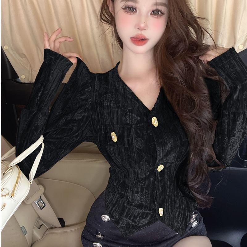 Long Sleeve V-Neck Floral Print Cropped Blouse Product Image
