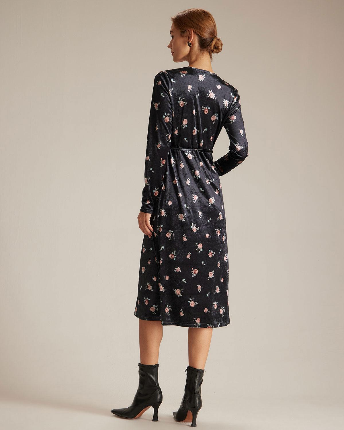 The Black V Neck Floral Velvet Wrap Midi Dress Product Image