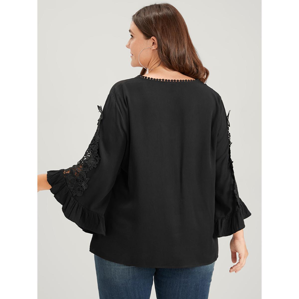 Plus Size Black Solid Lace Flounce Sleeve V Neck Blouse Women Elegant Long Sleeve V-neck Dailywear Blouses BloomChic 22-24/3X Product Image