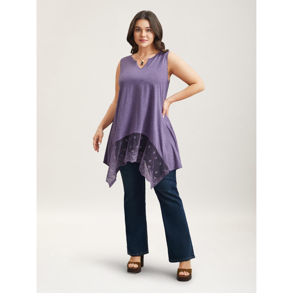 Plus Size Notched Collar Sheer Lace Hi-Low Hem Vest Women Mauve Elegant Patchwork Notched collar Everyday Tank Tops Camis BloomChic 26/4X Product Image