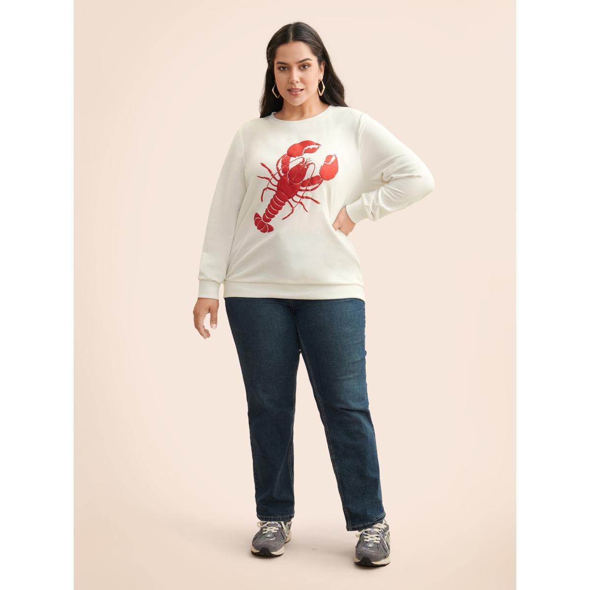 Plus Size Lobster Pattern Round Neck Sweatshirt Women Originalwhite Casual Patchwork Round Neck Everyday Sweatshirts BloomChic 10/M Product Image