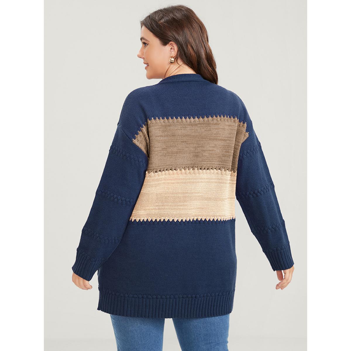 Plus Size Colorblock Contrast Pointelle Knit Pocket Jacquard Button Front Cardigan Multicolor Women Casual Loose Long Sleeve Dailywear Cardigans BloomChic 28/5X Product Image