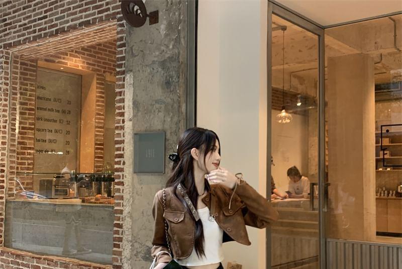 Stand Collar Plain Lace Up Faux Leather Crop Button Jacket Product Image