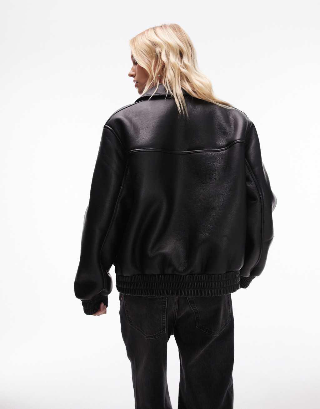 Topshop faux leather shearling bomber jacket in black Product Image