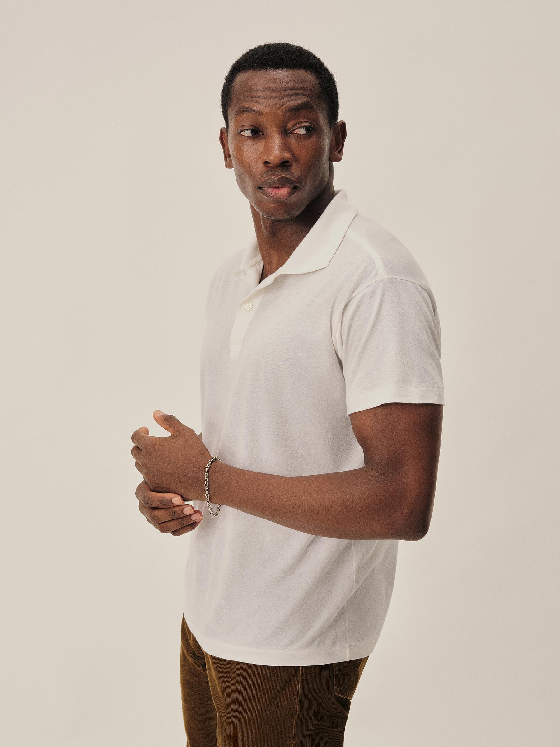 White Japanese De-Luxe Cotton Linen Knit S/S Polo Product Image