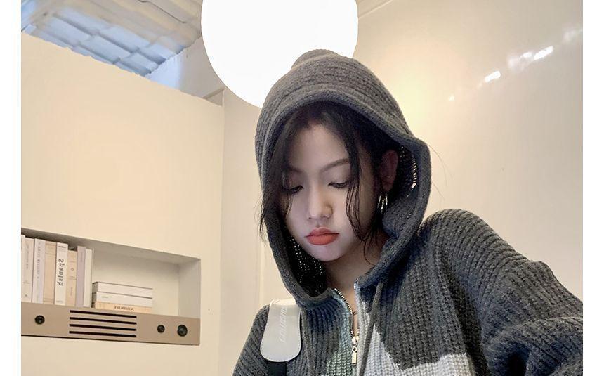 Long-Sleeve Double Zip Star Jacquard Hooded Knit Jacket Product Image