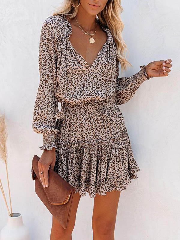 A-Line Long Sleeves Contrast Color Leopard Pleated Split-Joint Tied V-Neck Mini Dresses Product Image