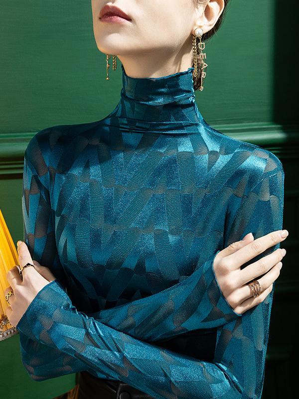 Stylish Skinny Long Sleeves Embroidered Split-Joint Checkered High-Neck T-Shirts Tops Product Image