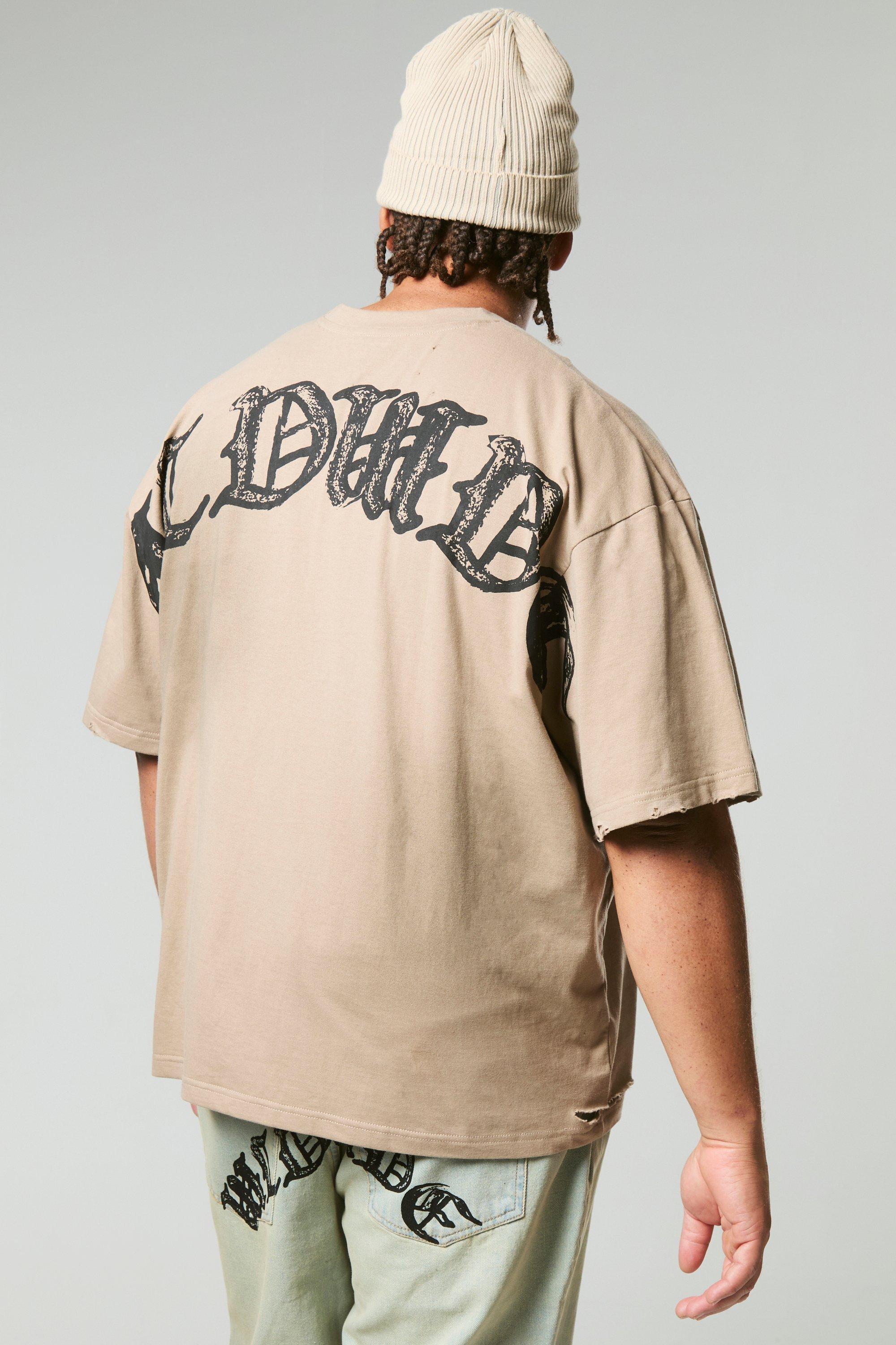 Mens Grey Plus Applique Grunge Distressed Oversized Boxy T-Shirt, Grey Product Image