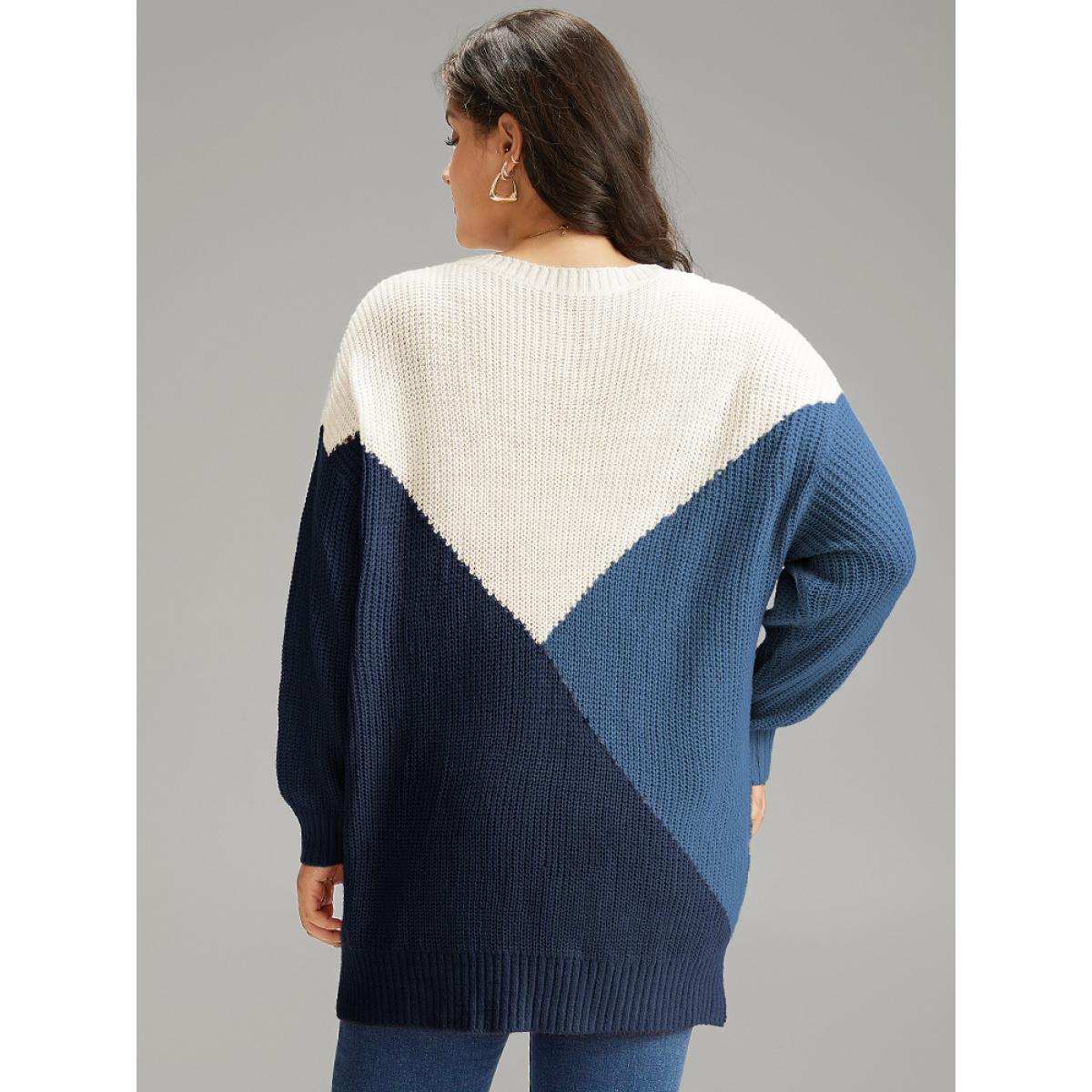 Plus Size Colorblock Split Side Drop Shoulder Pullover DarkBlue Women Casual Loose Long Sleeve Round Neck Dailywear Pullovers BloomChic 18-20/2X Product Image
