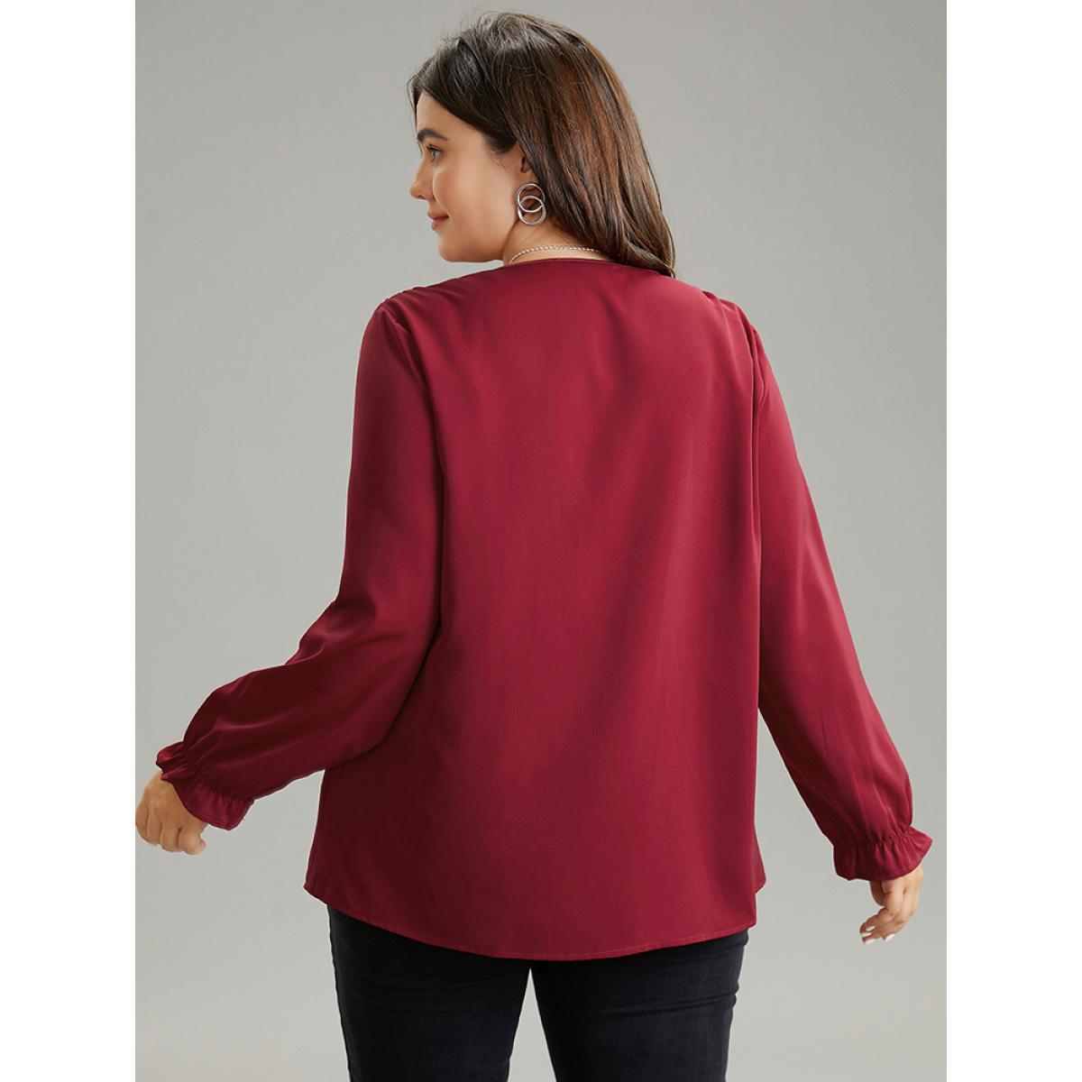 Plus Size Scarlet Contrast Trim Plicated Detail Flutter Sleeve Blouse Women Office Long Sleeve Round Neck Work Blouses BloomChic 28/5X Product Image