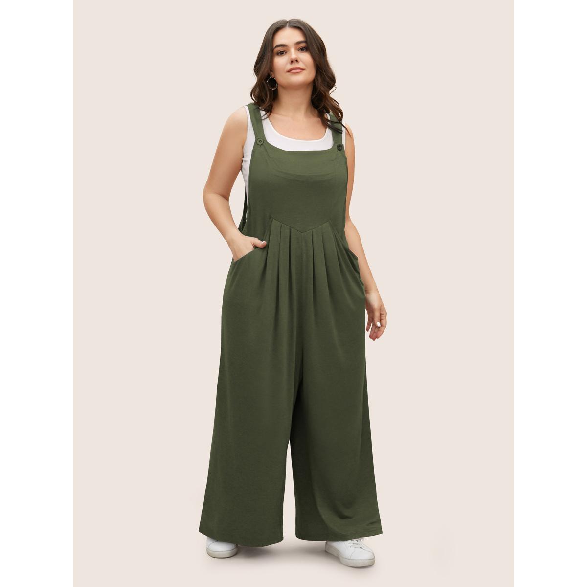 Plus Size ArmyGreen Supersoft Essentials Solid Pleated Pocket Jumpsuit Women Casual Sleeveless Non Everyday Loose Jumpsuits BloomChic 30/6X Product Image