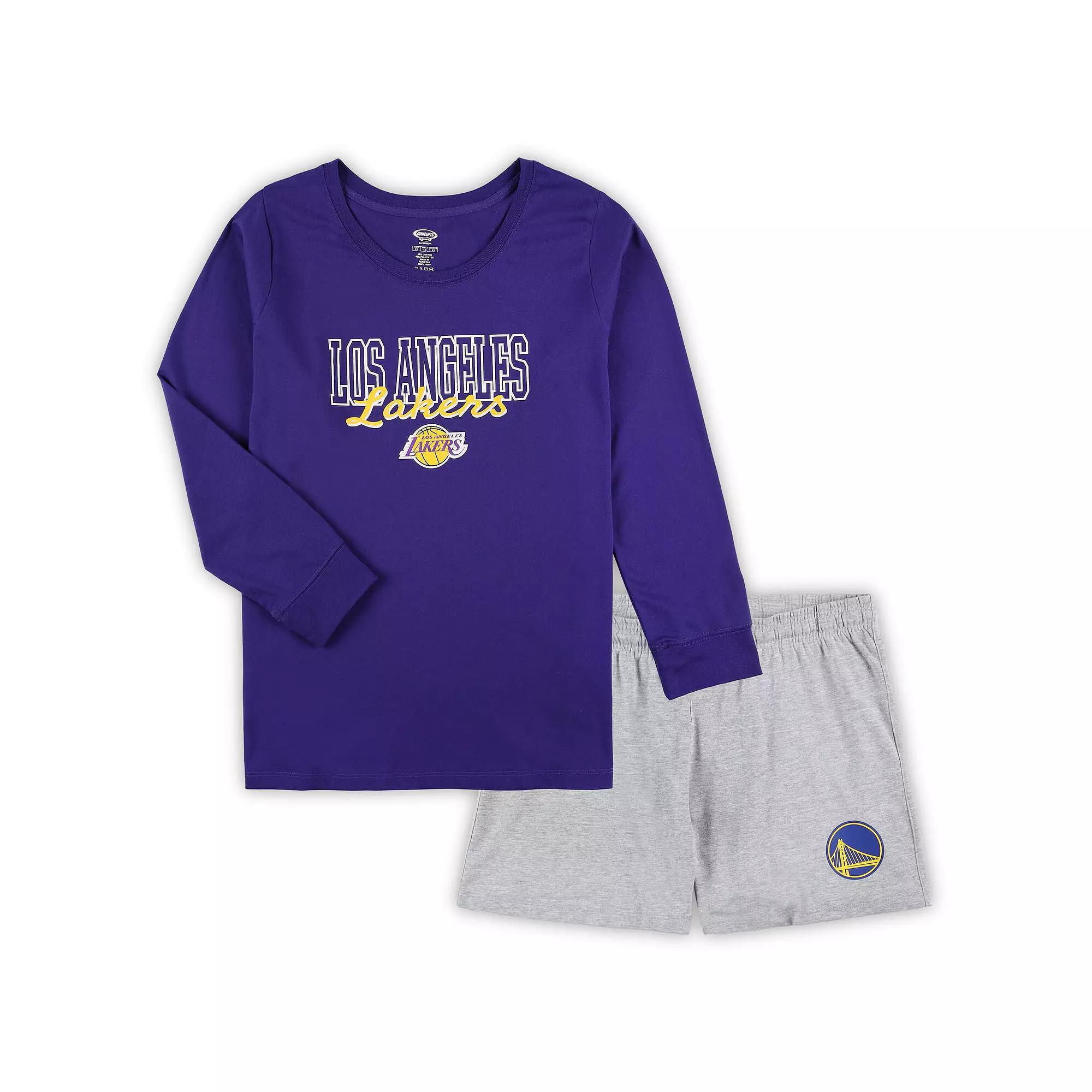 Women's Concepts Sport Purple/Heather Gray Los Angeles Lakers Plus Size Long Sleeve T-Shirt and Shorts Sleep Set, Size: 3XL Product Image