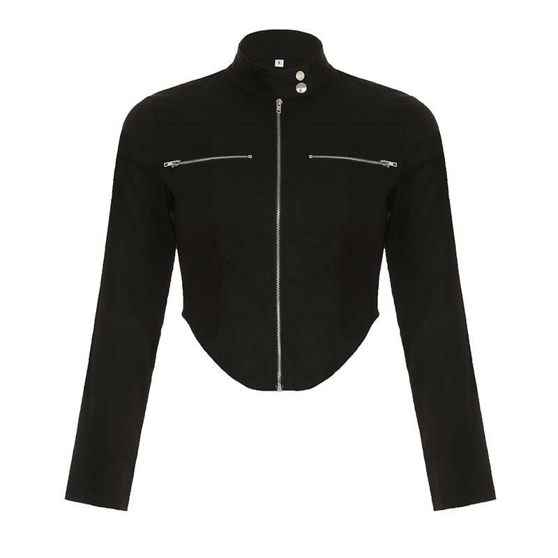 Long Sleeve Stand Collar Plain Zip-Detail Slim-Fit Jacket Product Image