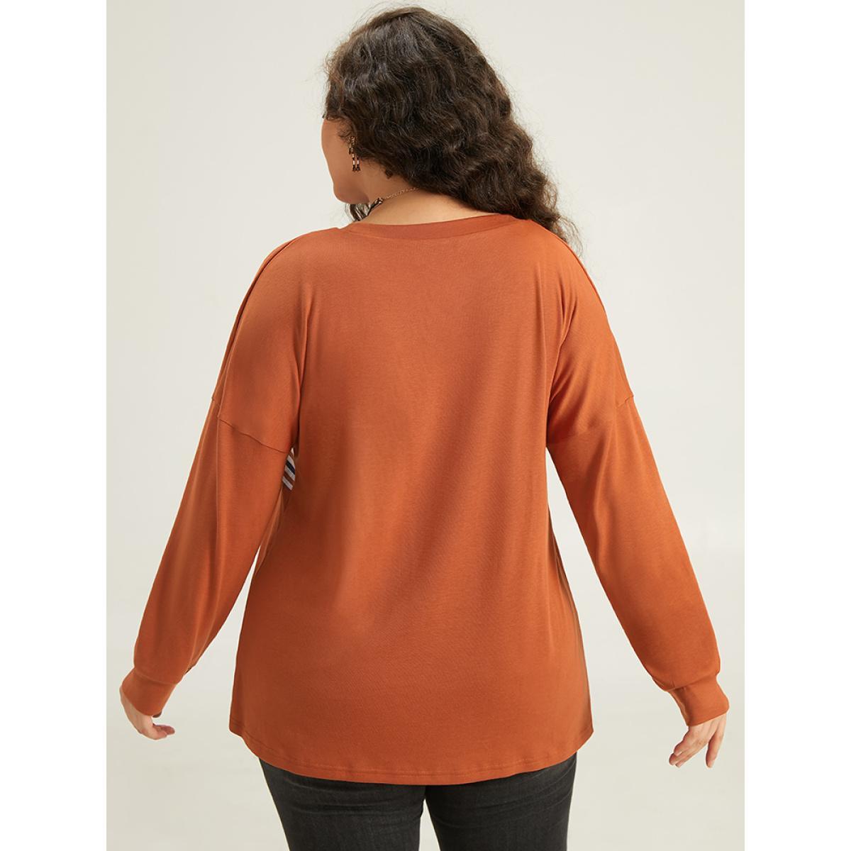 Plus Size Halloween Striped Patchwork Round Neck Drop Shoulder T-shirt Chocolate Women Casual Contrast Striped Round Neck Festival-Halloween T-shirts BloomChic 10/M Product Image
