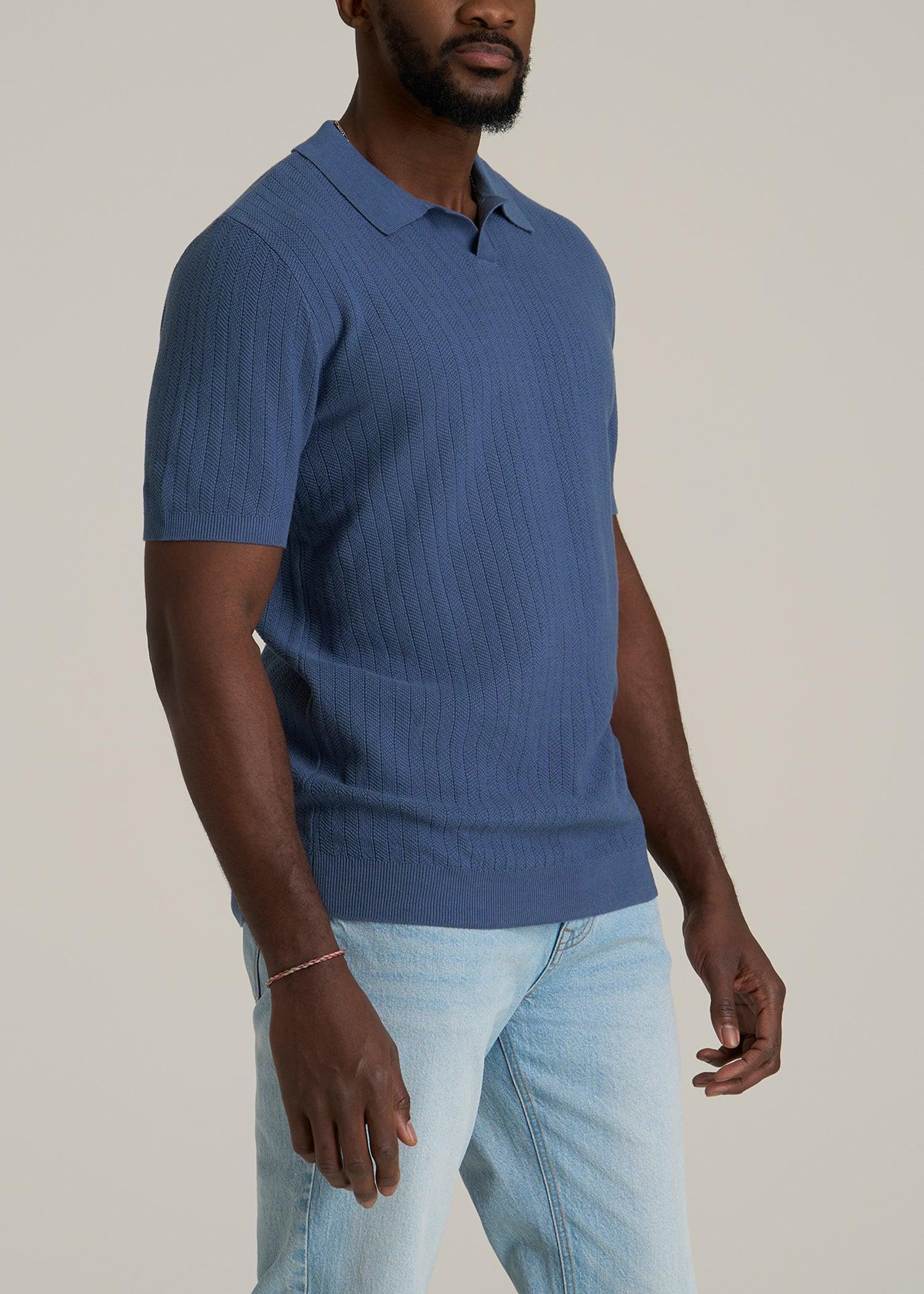 Linen Blend Ribbed Knit Polo Shirt for Tall Men in Steel Blue Product Image