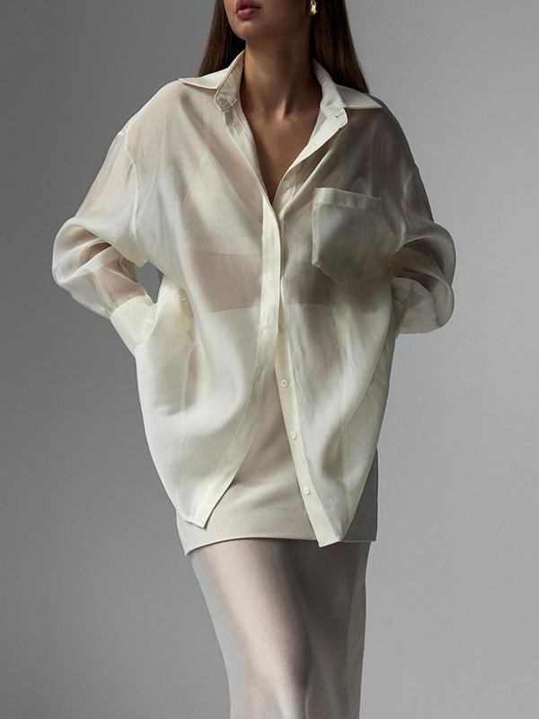 Loose Solid Color See-Through Long Sleeves Lapel Blouse + Skirt Two Pieces Set Product Image