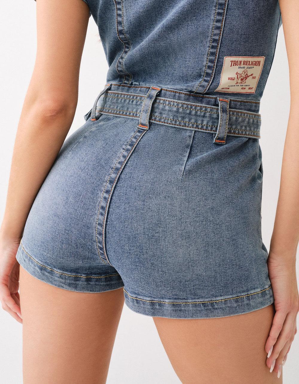 TRUE RELIGION Womens Belted Denim Zip Romper - MEDIUM WASH Product Image