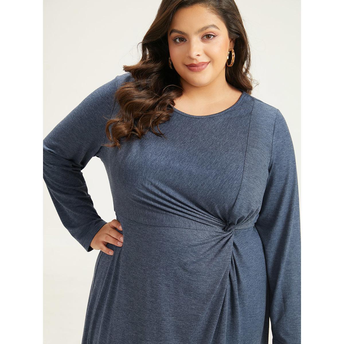 Plus Size Plain Crew Neck Twist Front Split Hem Dress Indigo Women Casual Plain Round Neck Long Sleeve Curvy Midi Dress BloomChic 28/5X Product Image