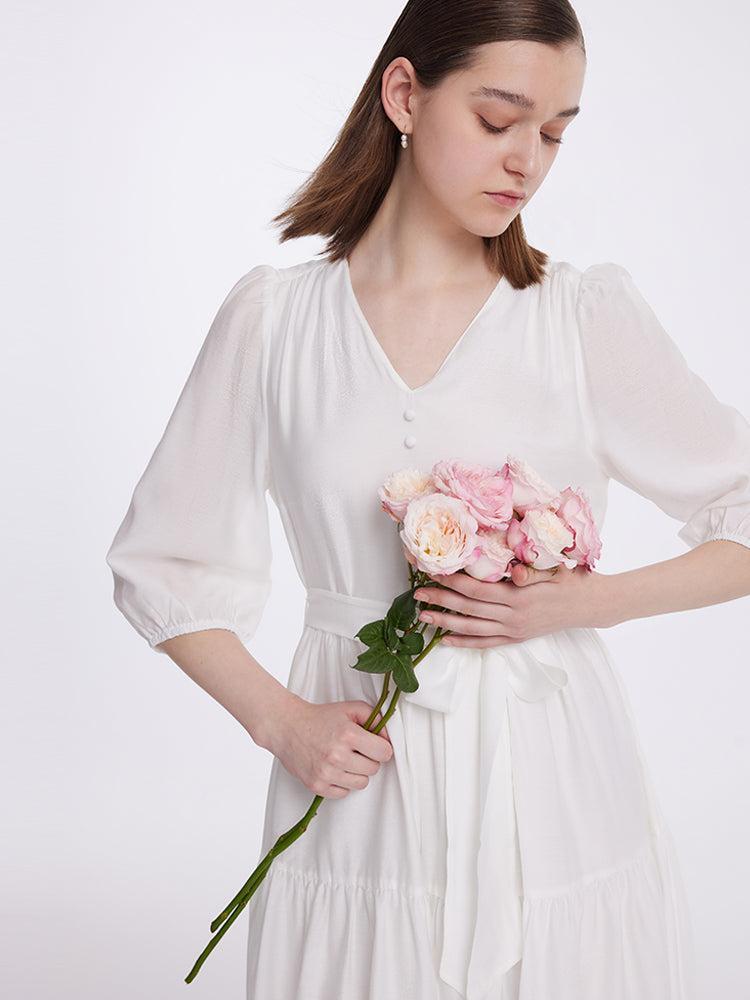 White V-Neck Gathered Waist Midi Dress Product Image