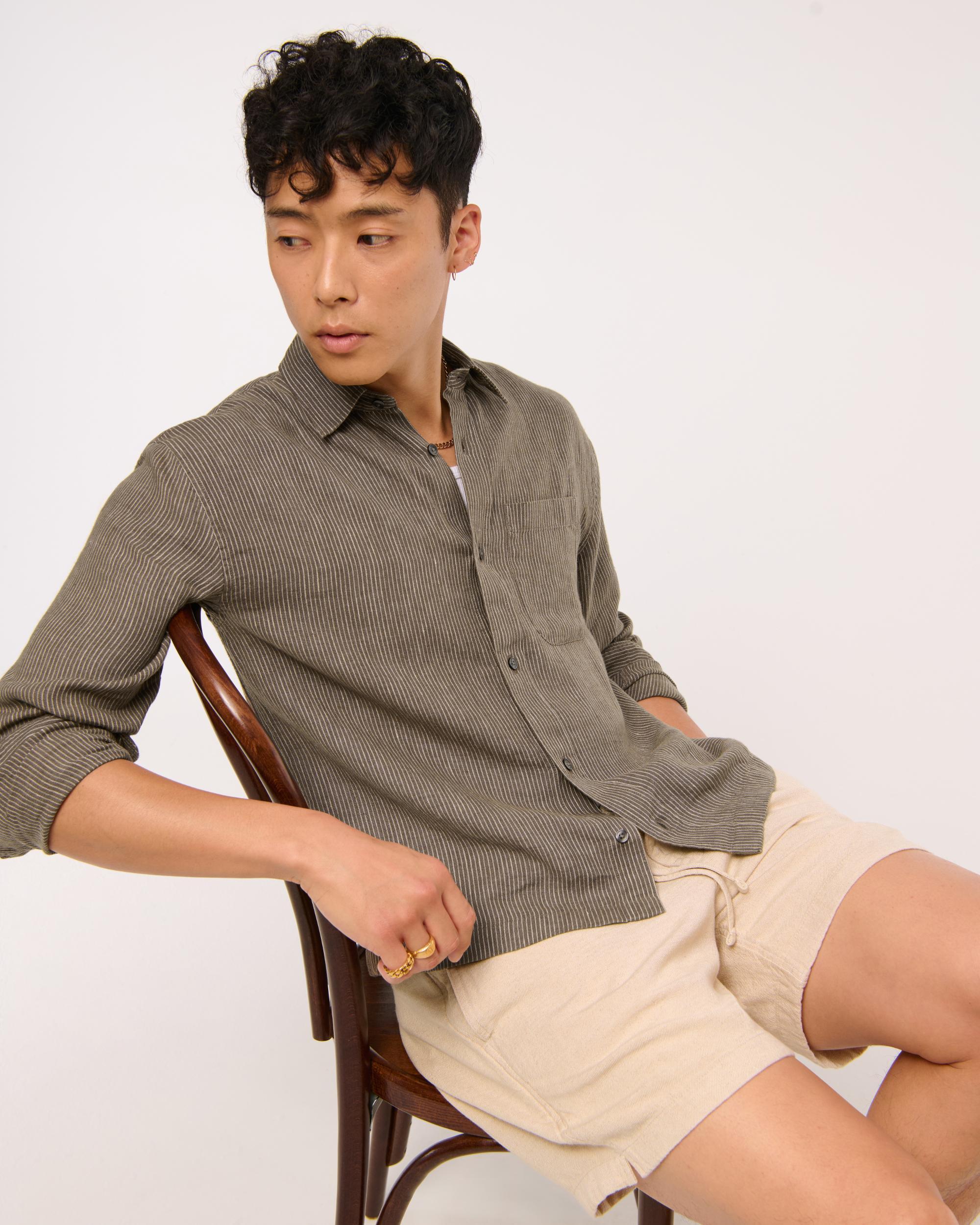 Cropped Linen Button-Up Shirt Product Image