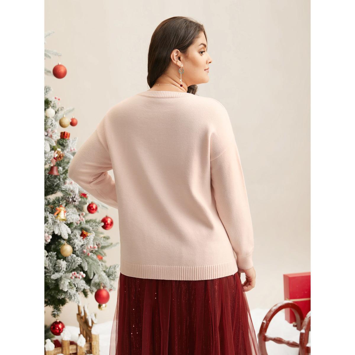 Plus Size Embroidered Bow Tie Drop Shoulder Pullover MistyRose Women Casual Loose Long Sleeve Round Neck Everyday Pullovers BloomChic 18-20/2X Product Image