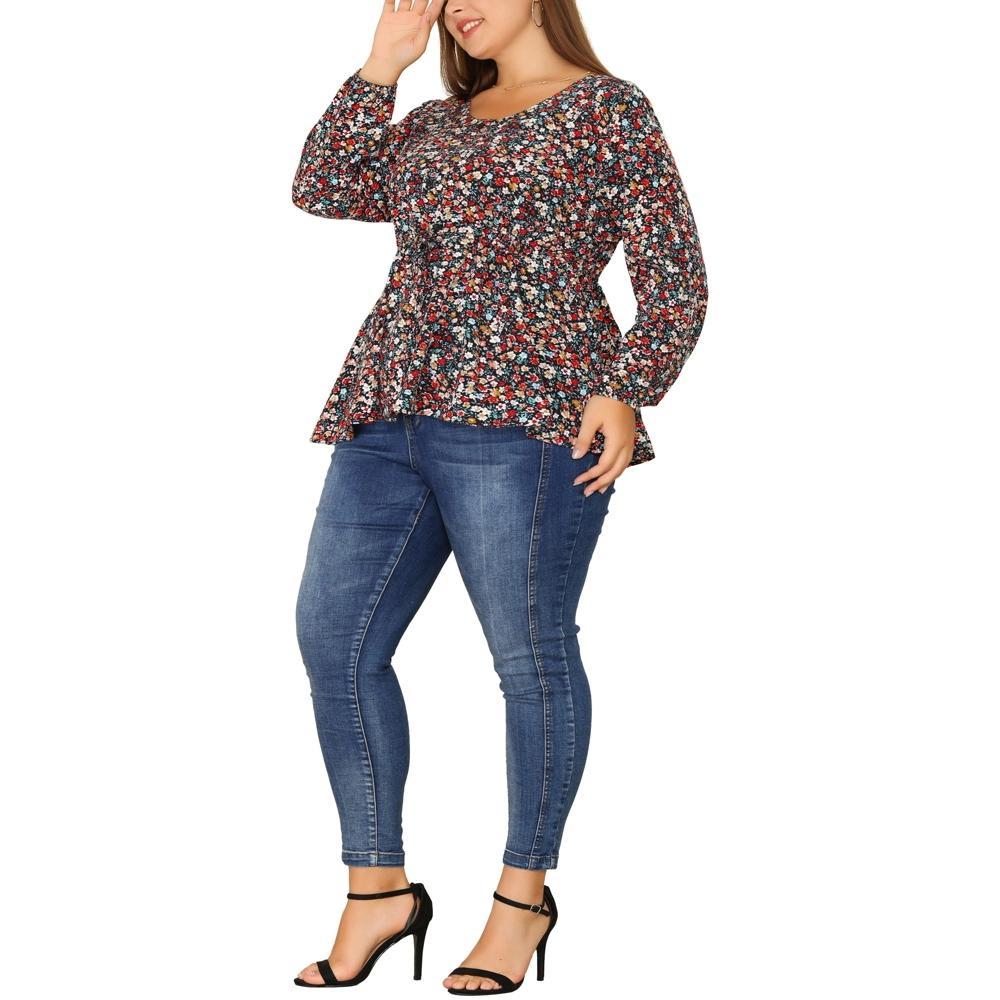 Agnes Orinda Women's Plus Size Round Neck Button Up Puff Floral Long Sleeve Casual Peplum Blouses Product Image