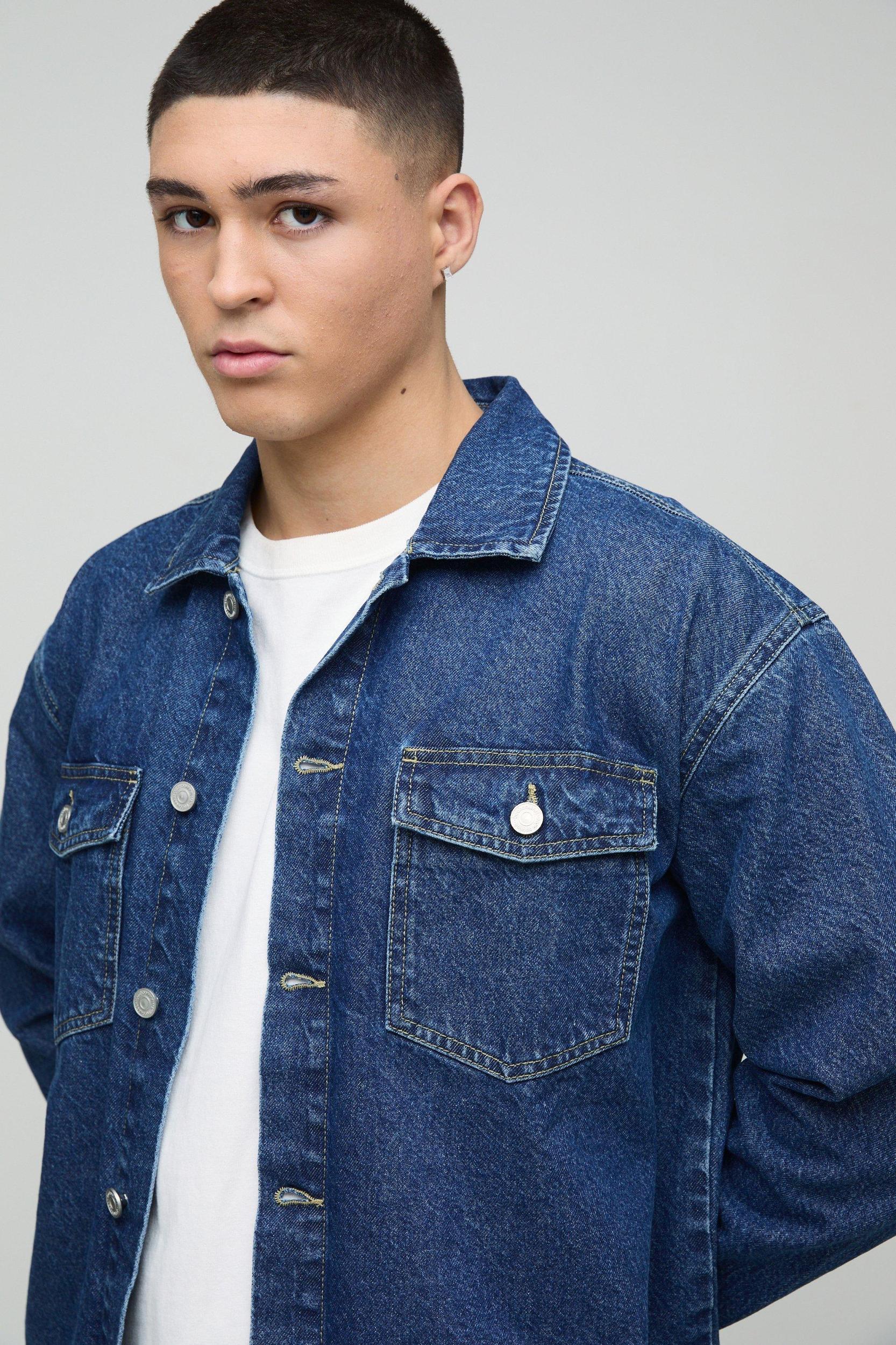 Oversized Denim Back Embroidered Shirt | boohooMAN USA Product Image