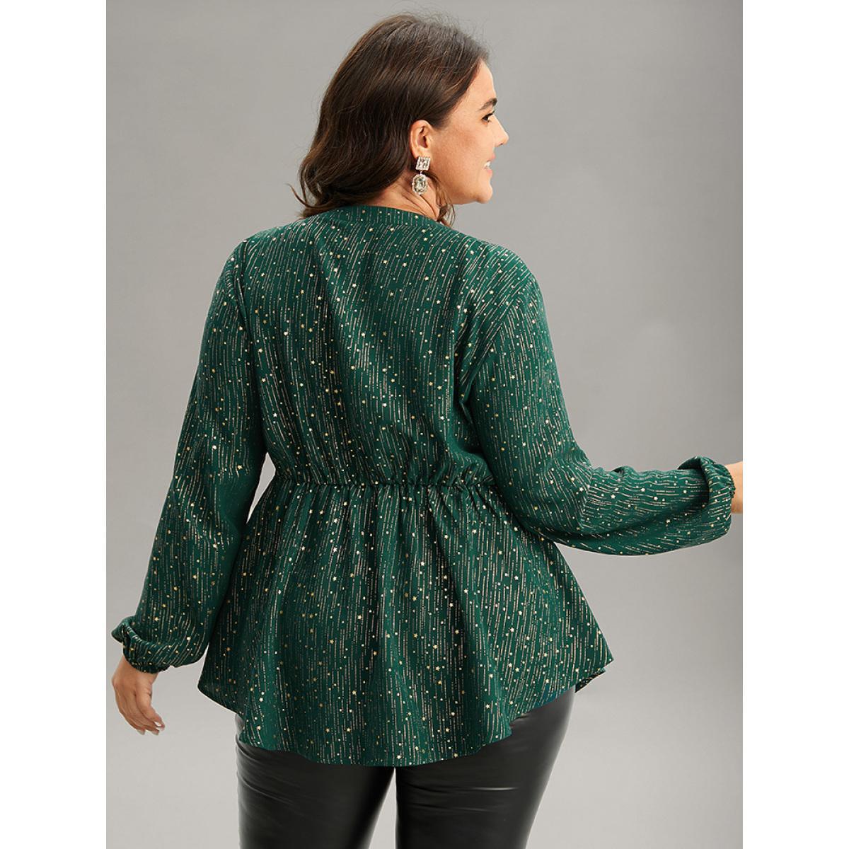 Plus Size Cyan Glitter Lantern Sleeve Elastic Waist Lace Up Blouse Women Cocktail Long Sleeve Tie Neck Party Blouses BloomChic 12/L Product Image