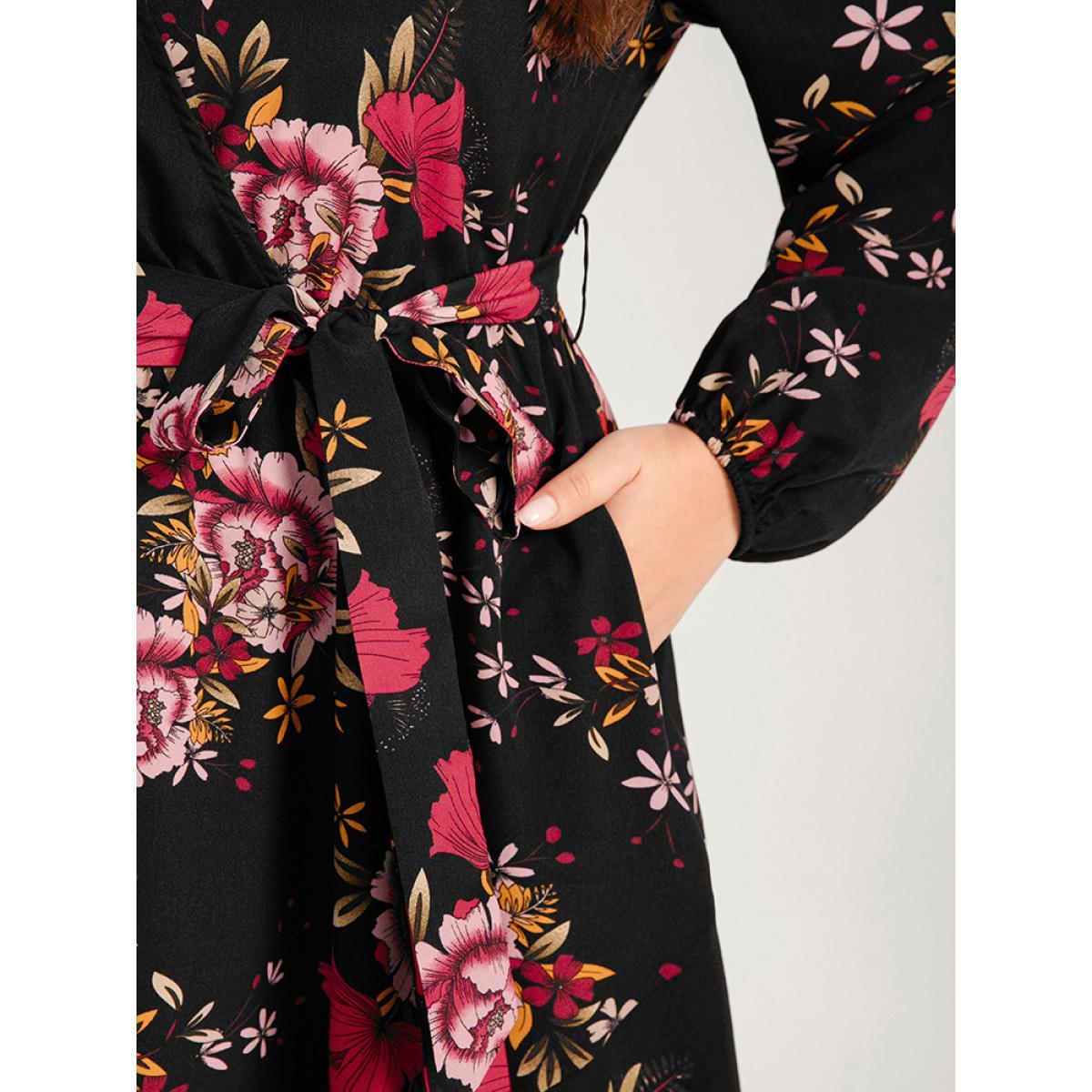 Plus Size Floral Ruffle Lantern Sleeve Pocket Belted Asymmetrical Hem Dress Black Women Elegant Cross straps V-neck Long Sleeve Curvy Long Dress BloomChic 18-20/2X Product Image