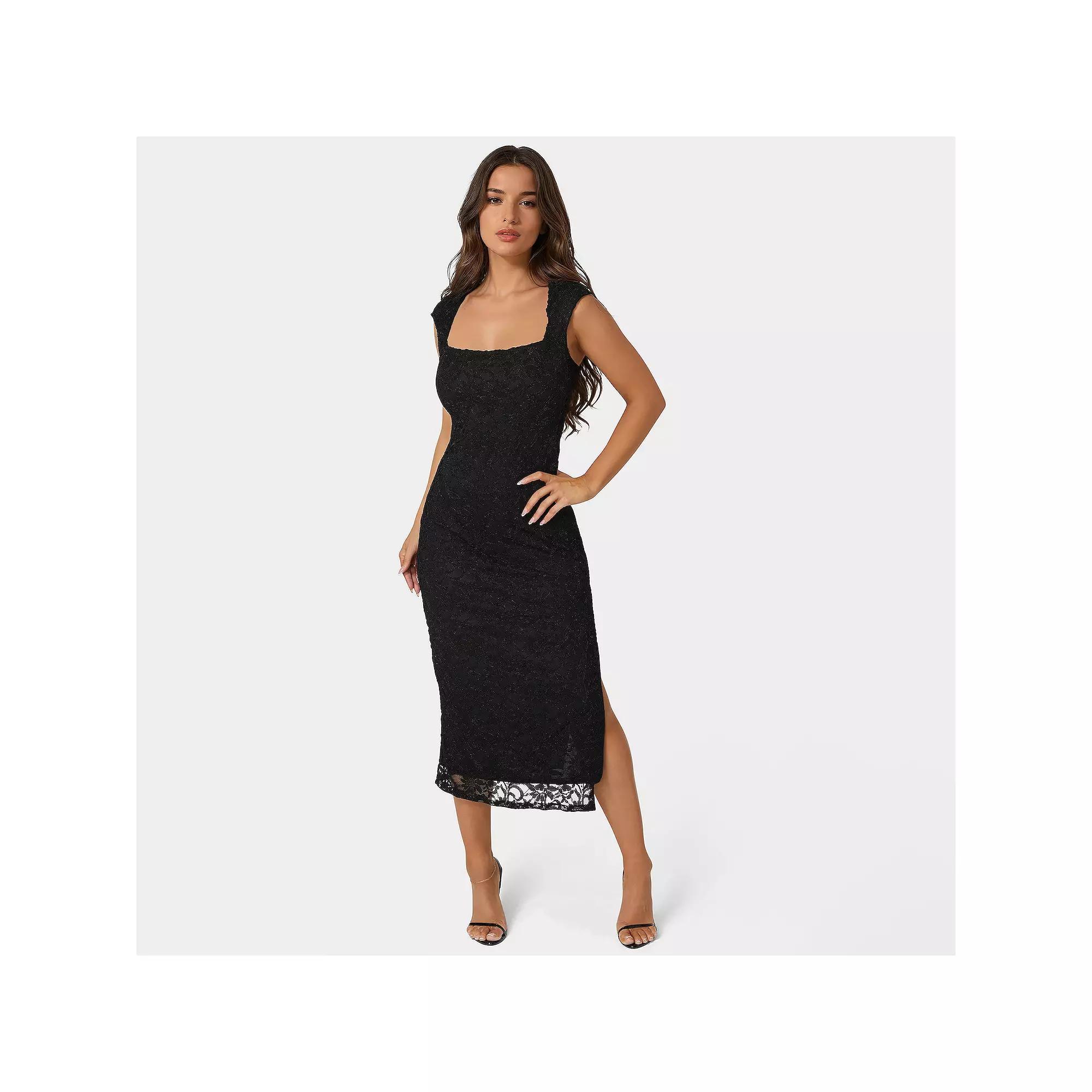 Women's bebe Cap Sleeve Square Neck Bodycon Maxi Dress, Size: Medium, Black Product Image