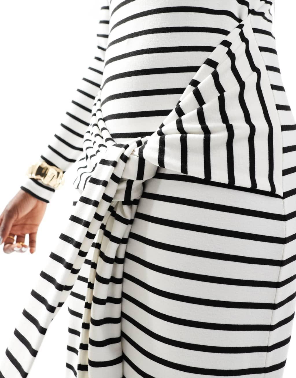 4th & Reckless knit long sleeve tie front maxi dress in black and white stripe Product Image