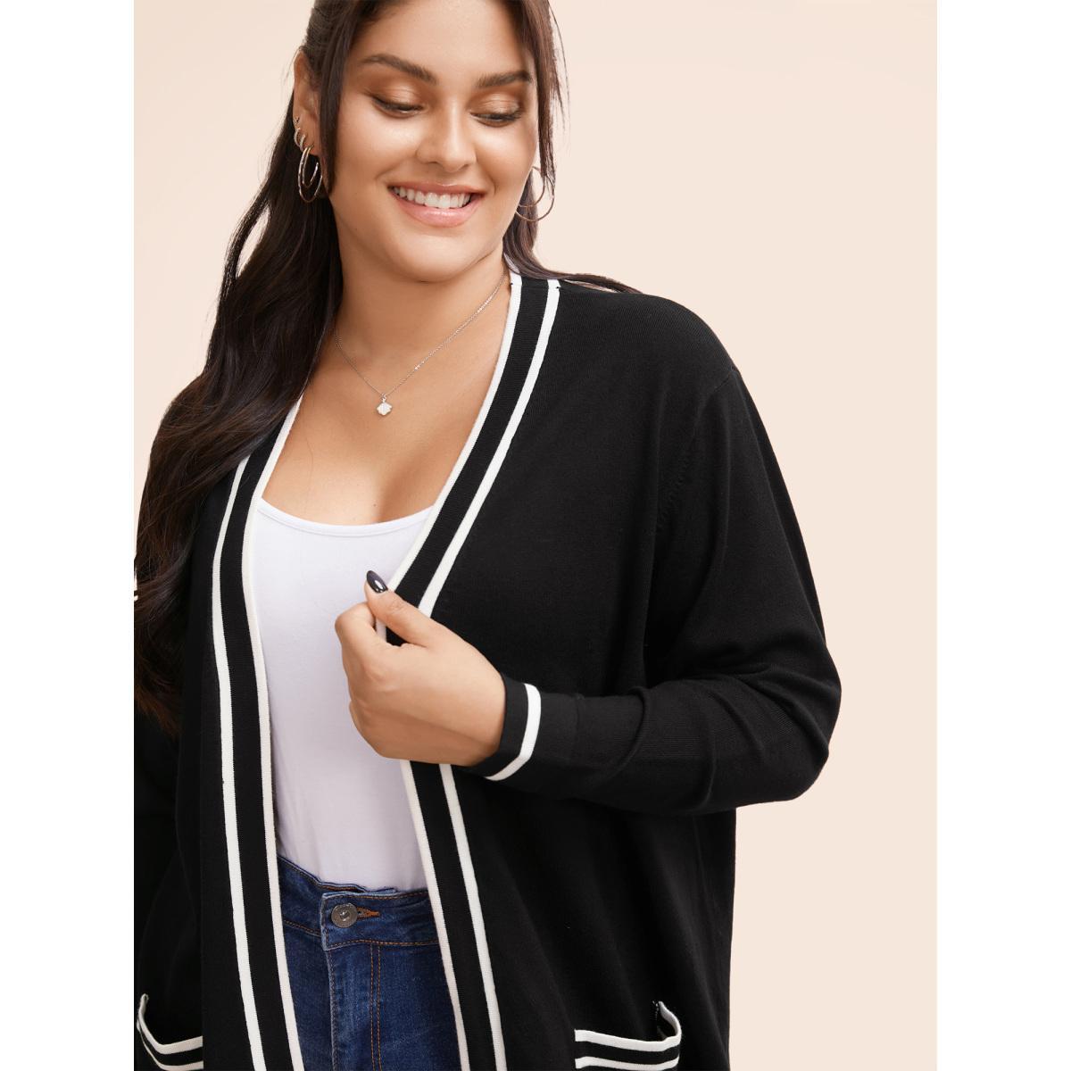 Plus Size Supersoft Essentials Striped Patchwork Pocket Open Front Cardigan Black Women Casual Loose Long Sleeve Everyday Cardigans BloomChic 28/5X Product Image