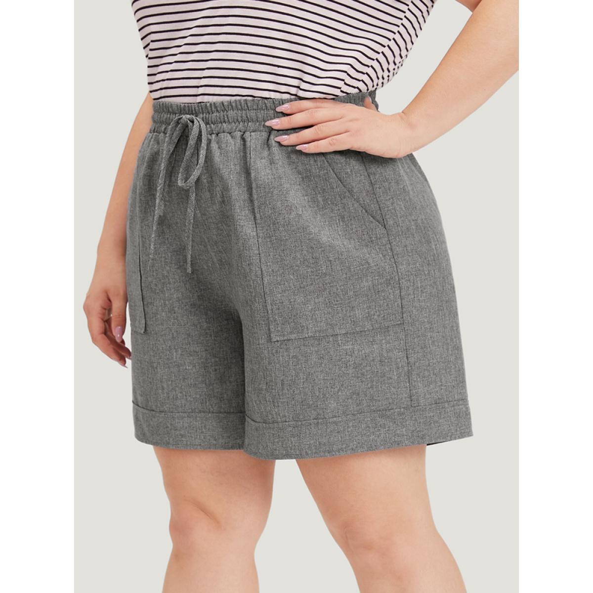 Plus Size Plain Slant Pocker Drawstring Elastic Waist Shorts Women DimGray Casual Plain Dailywear Shorts BloomChic 14-16/1X Product Image