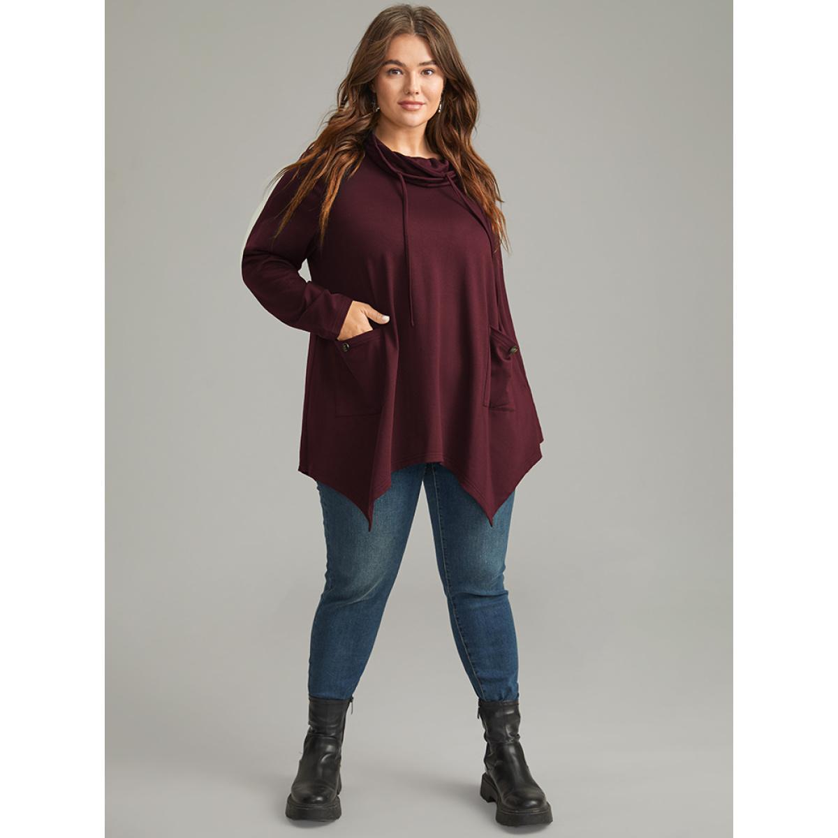 Plus Size Halloween Asymmetrical Pocket Lapel Collar Sweatshirt Women Burgundy Casual Plain Lapel Collar Festival-Halloween Sweatshirts BloomChic 12/L Product Image