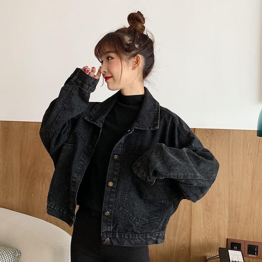 Collared Denim Button-Up Crop Jacket Product Image