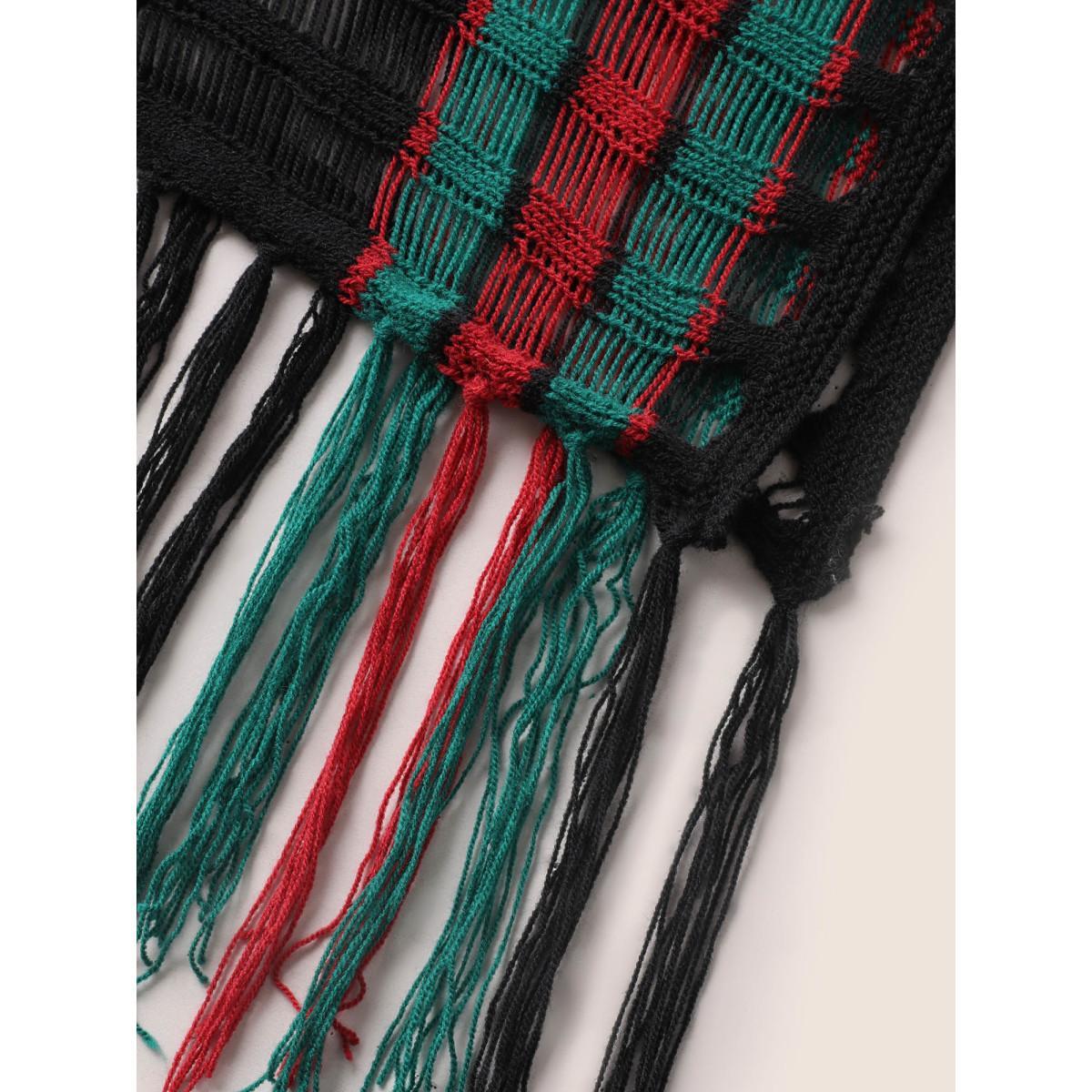 Plus Size Contrast Striped Tassel Trim Split Side Swim Cover Up Women's Swimwear Black Beach Loose Crochet Curve Swim Cover Ups BloomChic 30/6X Product Image