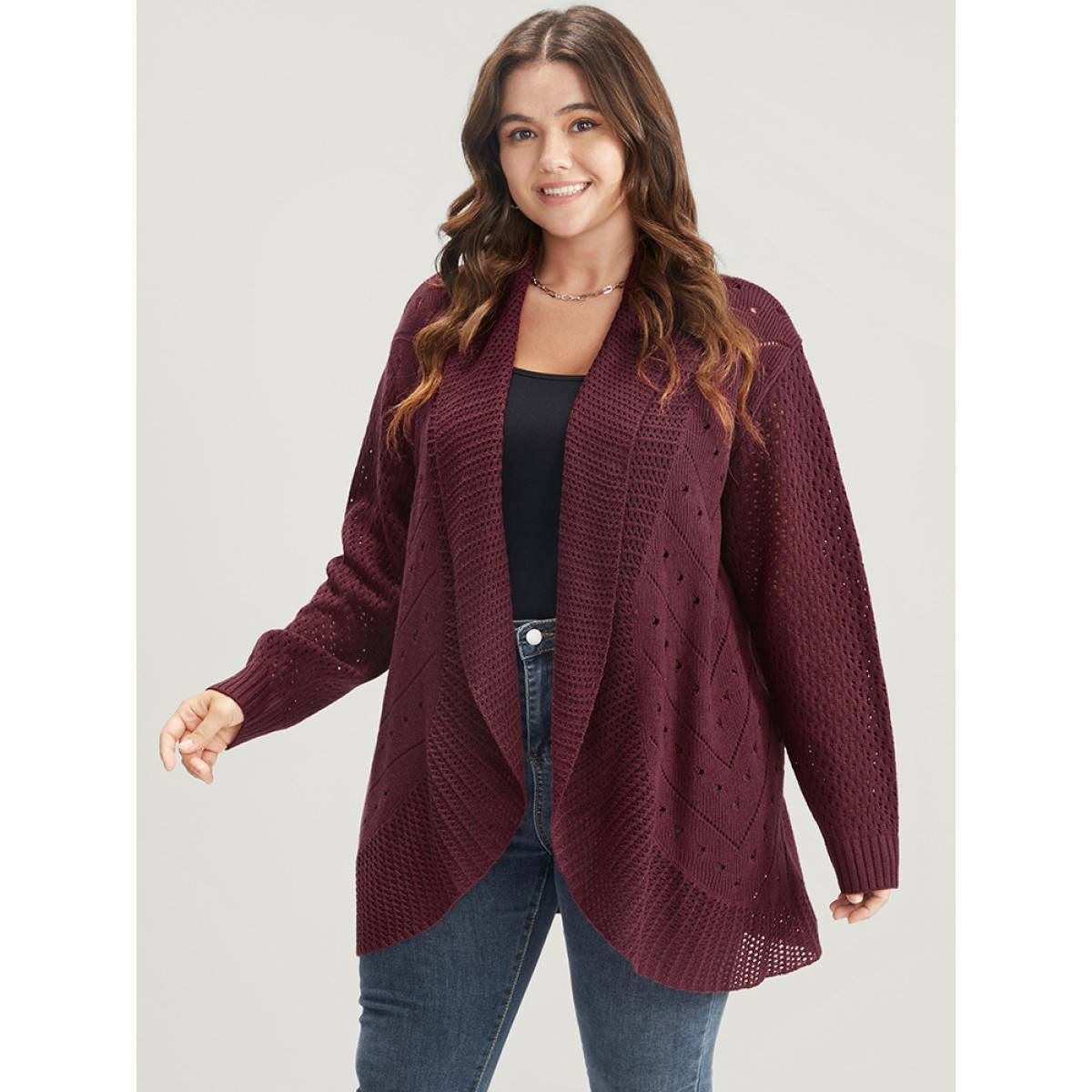 Plus Size Solid Pointelle Knit Lapel Collar Geometric Crochet Open Front Cardigan Burgundy Women Elegant Loose Long Sleeve Dailywear Cardigans BloomChic 18-20/2X Product Image