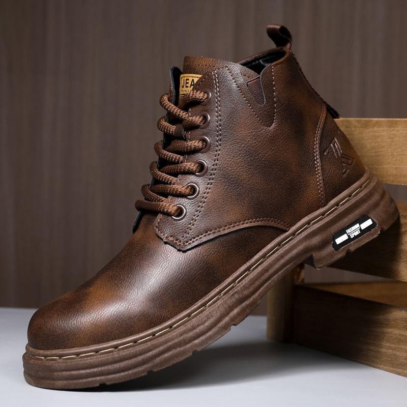 Faux Leather Lace-Up Ankle Boots Product Image